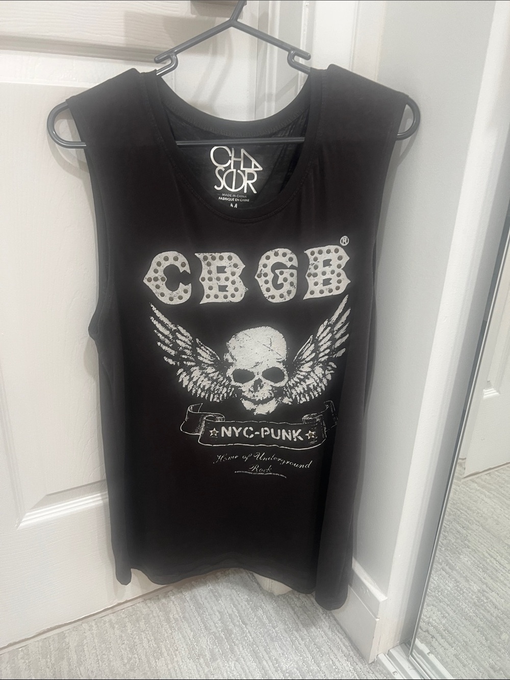 Chaser Black Muscle Tank with White Punk Skull Graphic